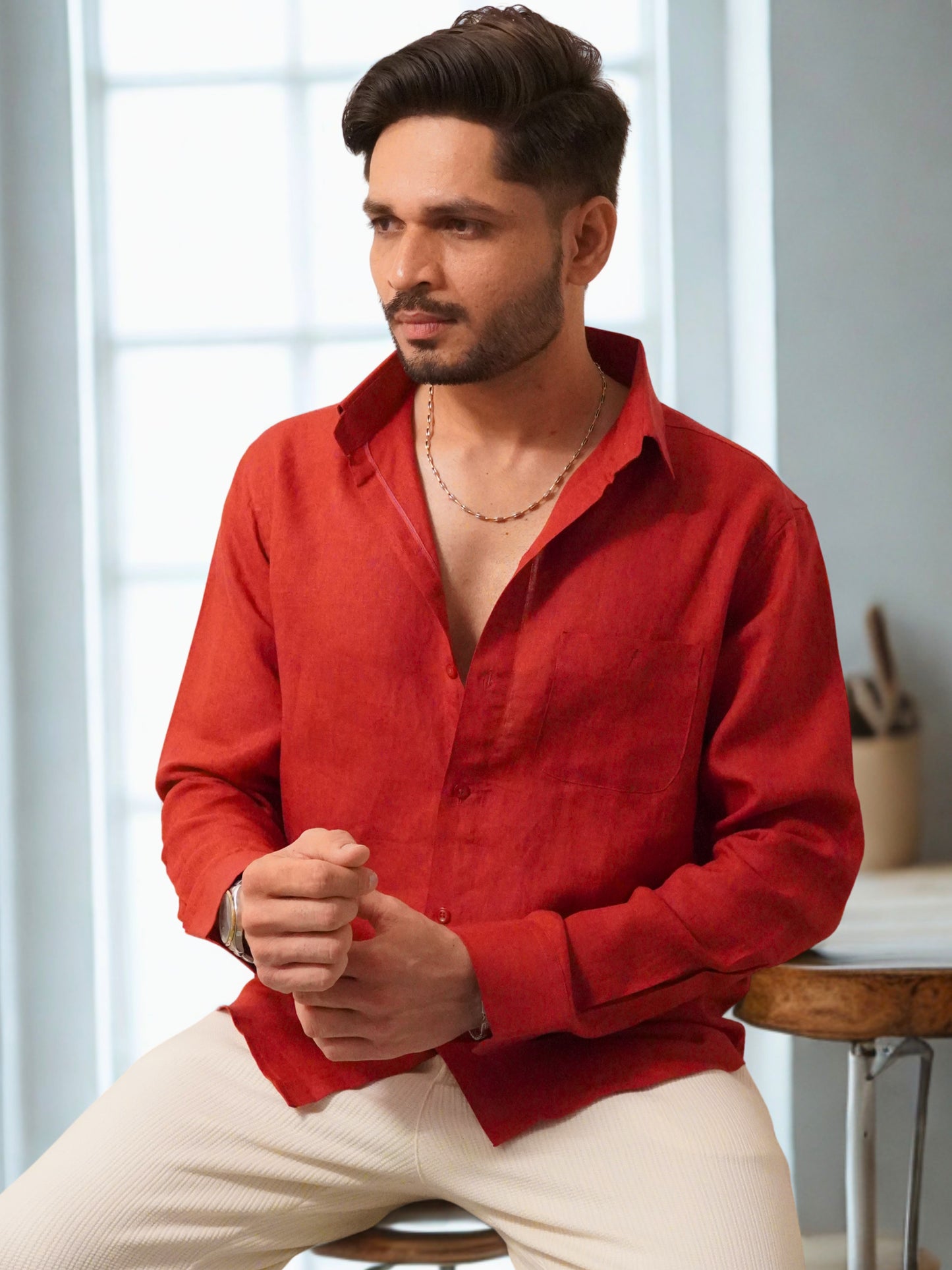 Classic Fit Maroon Linen Shirt
