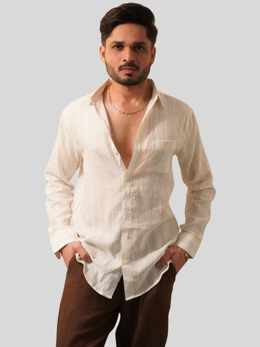 Classic Fit Off-White Striped Linen Shirt