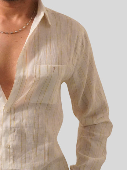 Classic Fit Off-White Striped Linen Shirt
