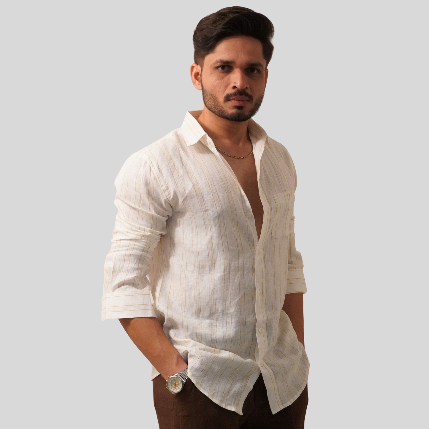 Classic Fit Off-White Striped Linen Shirt