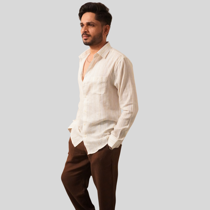 Classic Fit Off-White Striped Linen Shirt