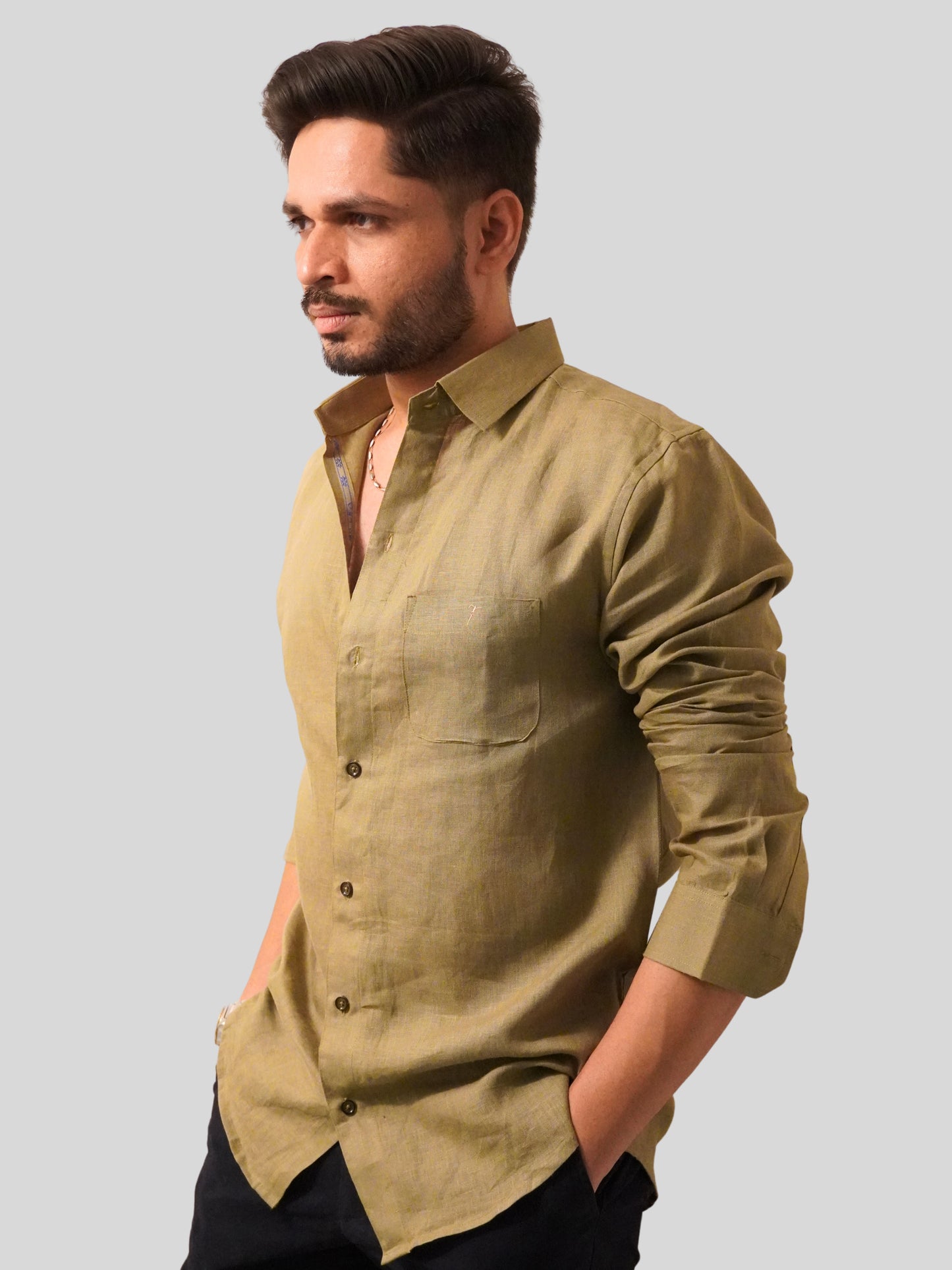 Classic Fit Olive Green Linen Shirt