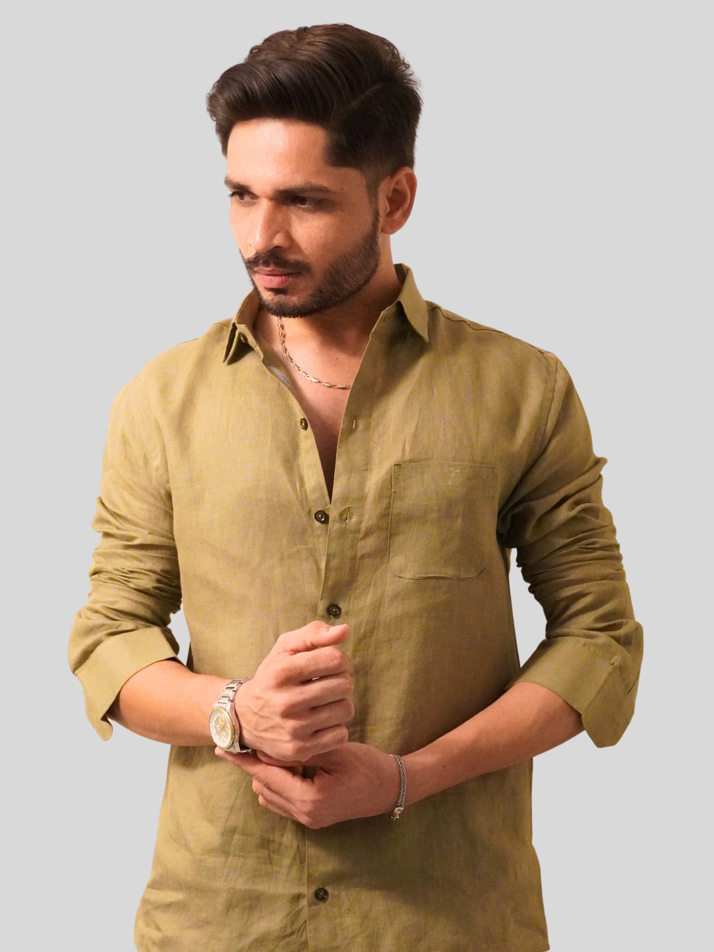 Classic Fit Olive Green Linen Shirt