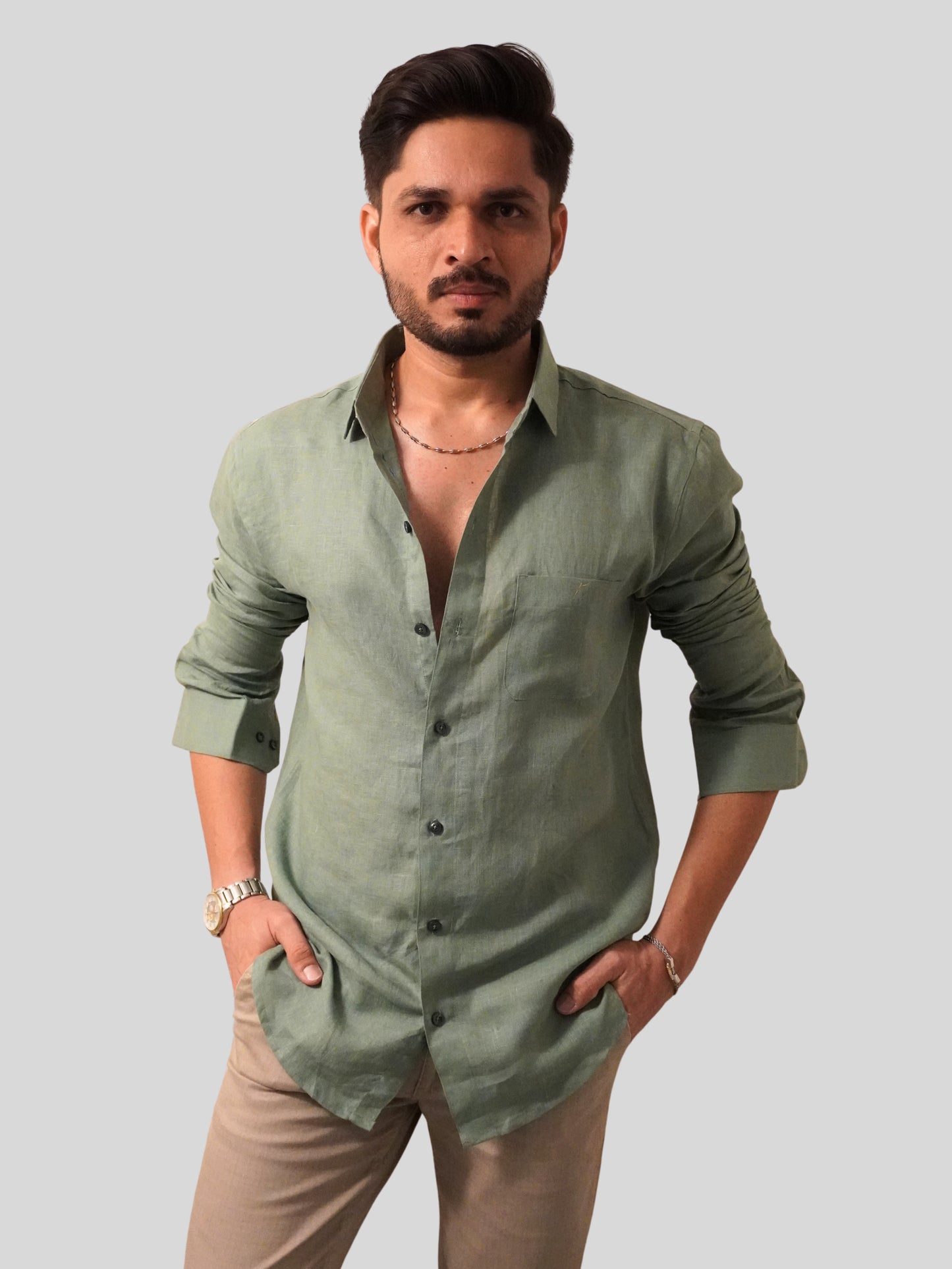 Classic Fit Pista Green Linen Shirt