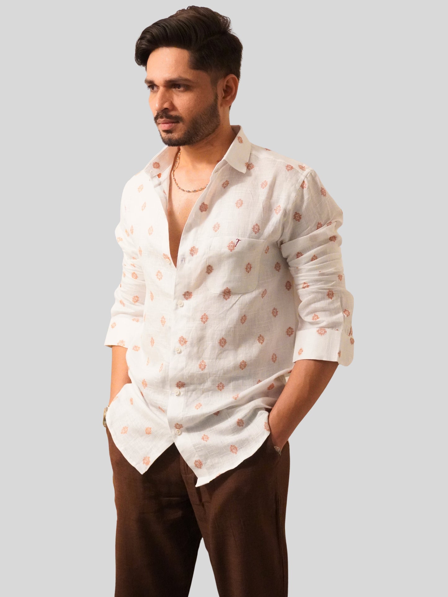 Classic Fit White Jacquard Linen Shirt (Rust)