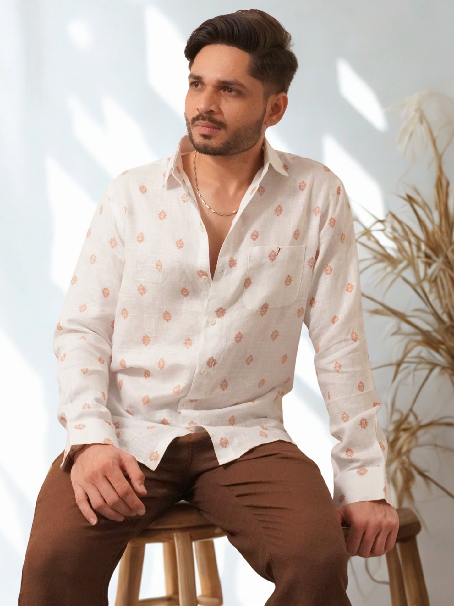 Classic Fit White Jacquard Linen Shirt (Rust)
