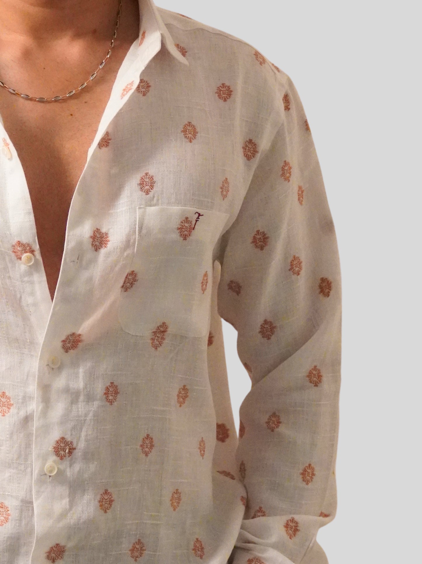 Classic Fit White Jacquard Linen Shirt (Rust)