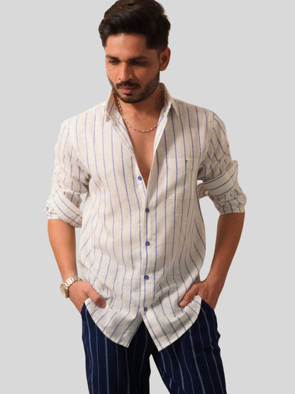 Classic Fit White Striped Linen Shirt